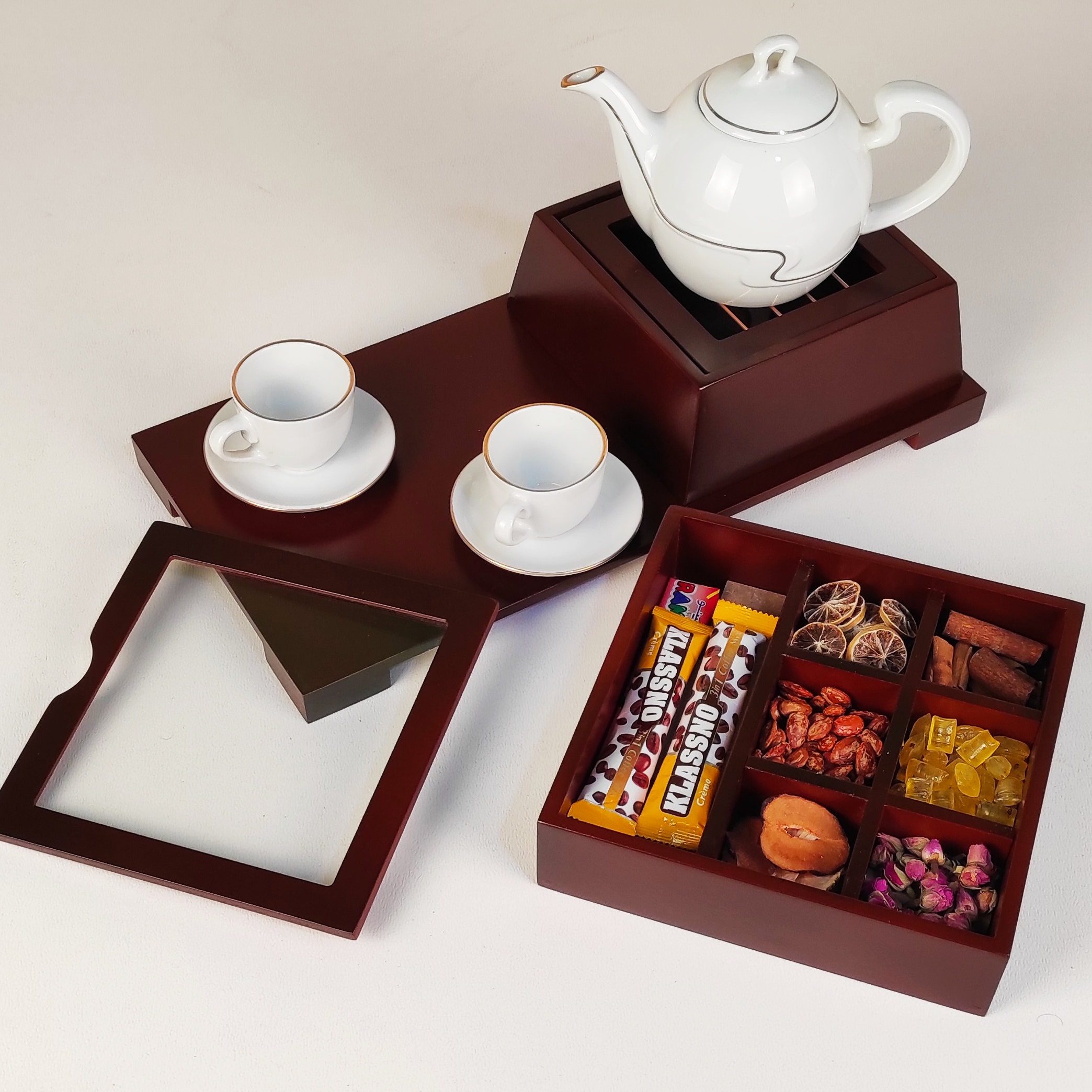 صندوق منظم لأكياس الشاي الخشبية مع مسخن دلزا