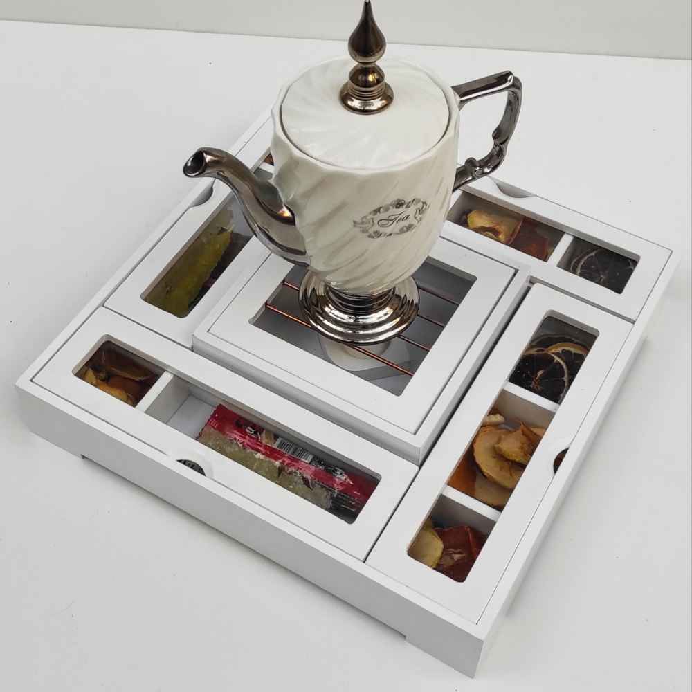 صندوق منظم لأكياس الشاي الخشبية مع مسخن هستي