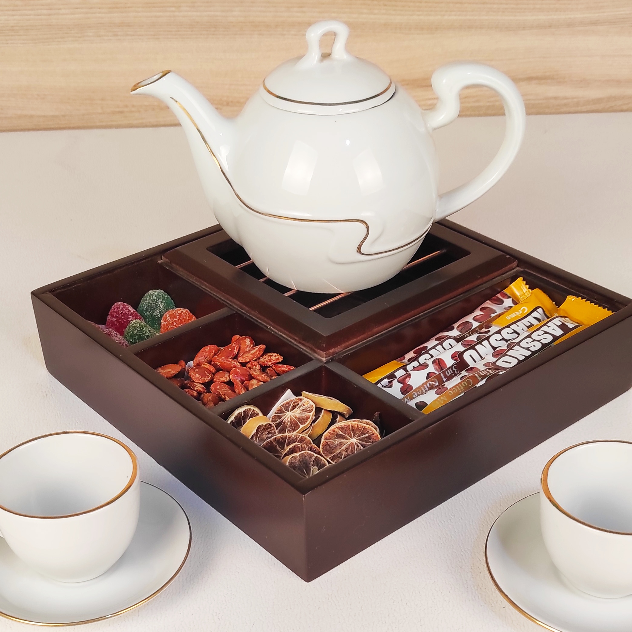 صندوق منظم لأكياس الشاي الخشبية مع مسخن مينا