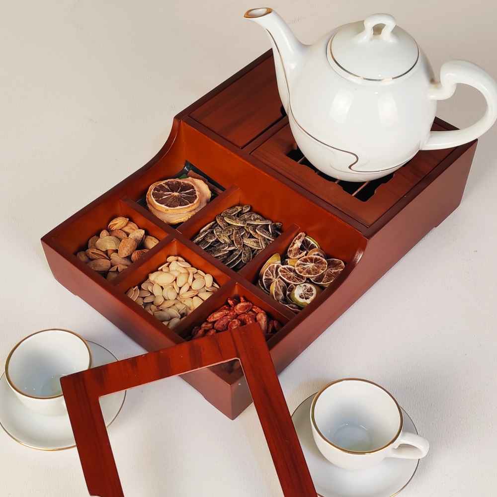صندوق منظم لأكياس الشاي الخشبية مع مسخن نفس