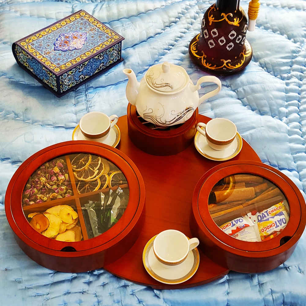 صندوق منظم لأكياس الشاي الخشبية مع مسخن شهرزاد