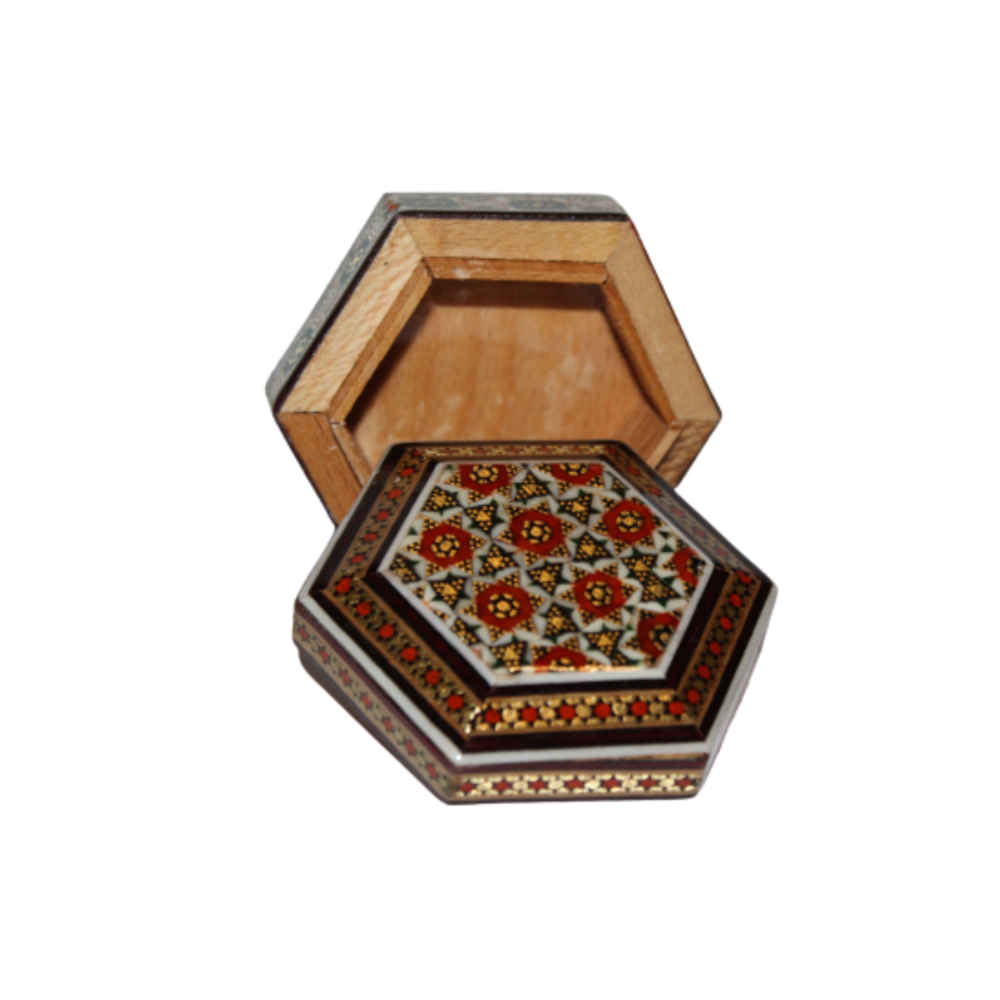 صندوق مجوهرات خشبي مصنوع يدويًا بتصميم ختام إيراني – إسلامي