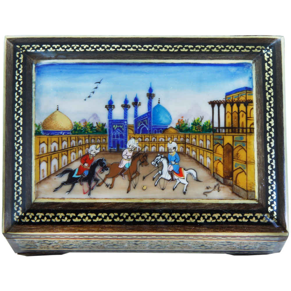 صندوق مجوهرات خشبي مصنوع يدويًا بتصميم ختام إيراني – نقش جهان