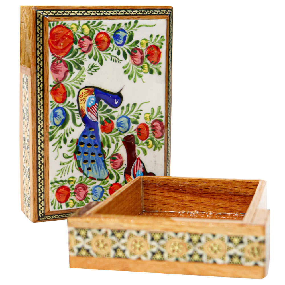 صندوق تخزين بطاقات اللعب الخشبي الإيراني – خاتم مزخرف بطيور