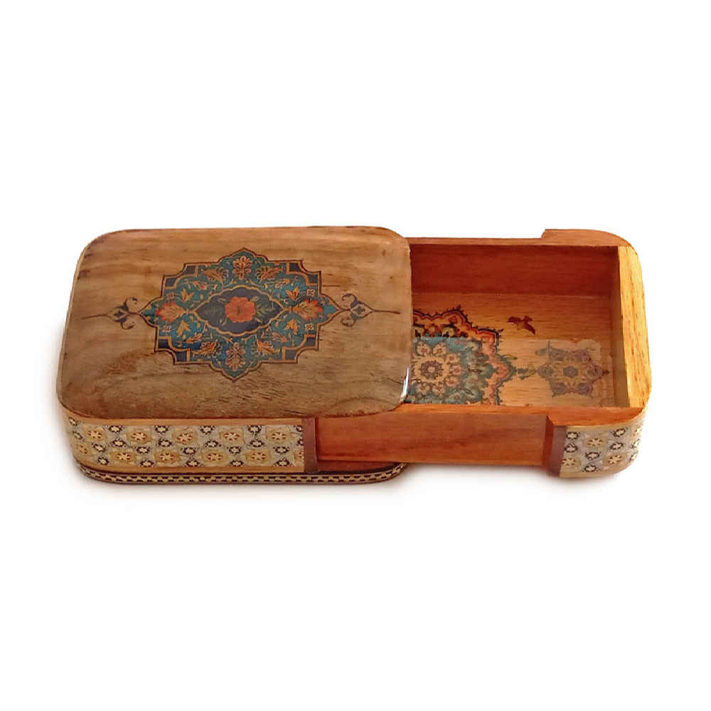 صندوق تخزين بطاقات اللعب الخشبي الإيراني – خاتم مزخرف بتذهيب