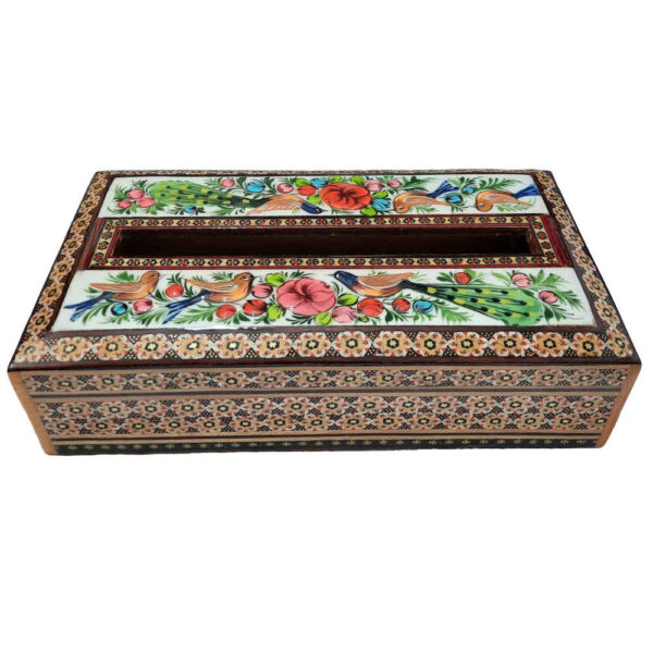 غطاء علبة مناديل خشبي إيراني مُصنع يدويًا – خاتمكاري چاووش