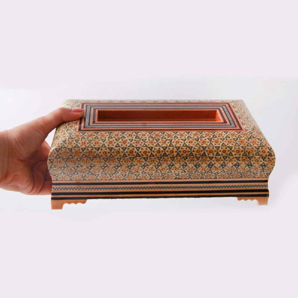 غطاء علبة مناديل خشبي إيراني مُصنع يدويًا – خاتمكاري مزروئی