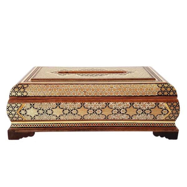 غطاء علبة مناديل خشبي إيراني مُصنع يدويًا – خاتمكاري سپید