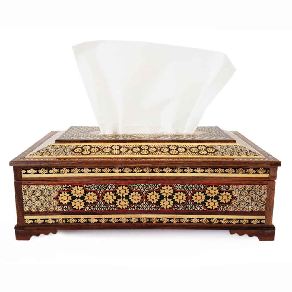 غطاء علبة مناديل خشبي إيراني مُصنع يدويًا – خاتمكاري توران