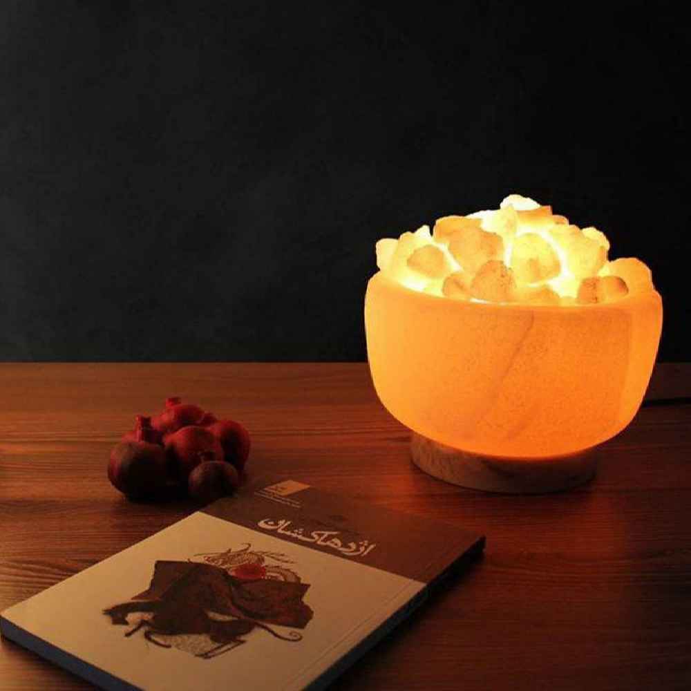 مصباح ملح إيراني حقيقي بشكل وعاء مع قطع نموذج هاستي