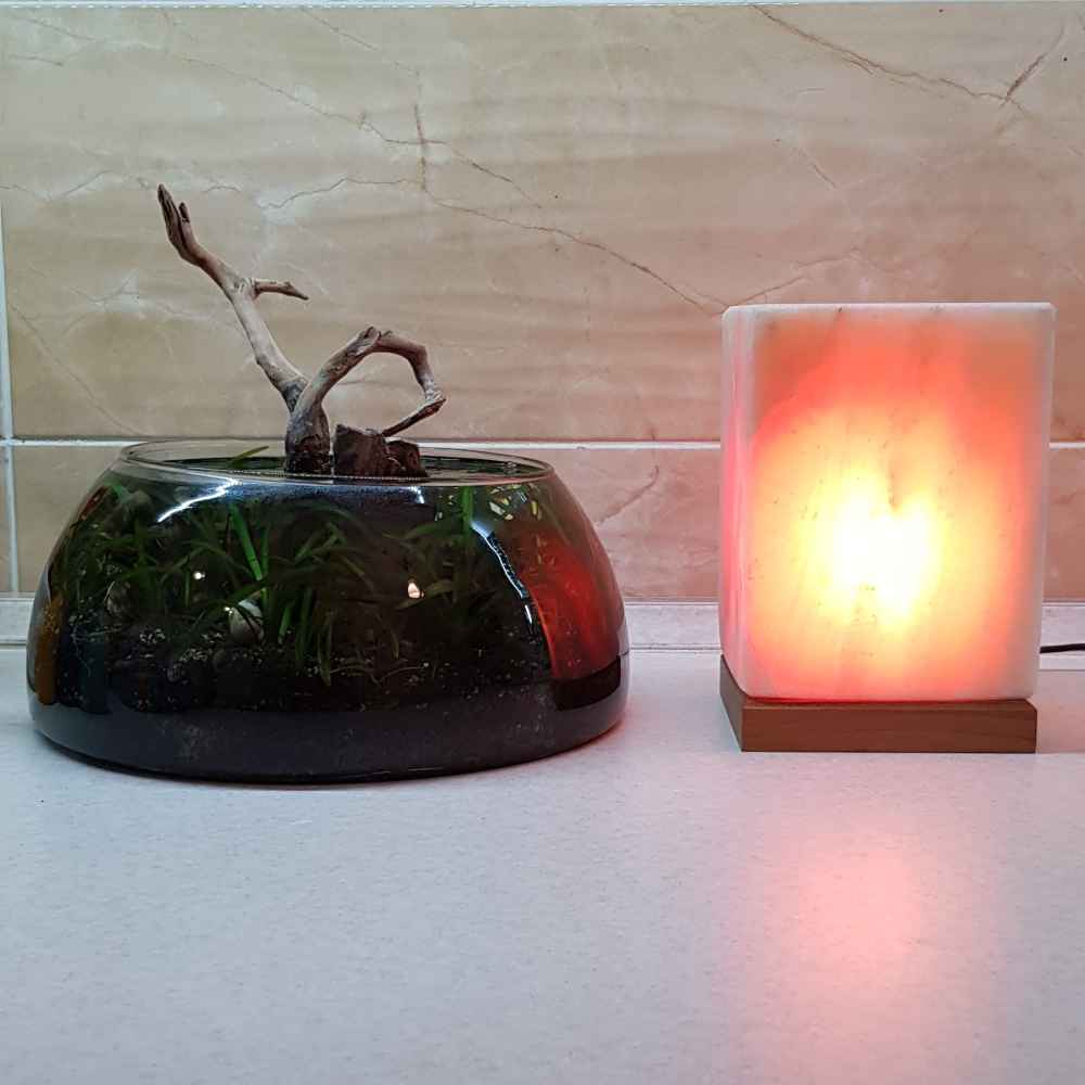 مصباح ملح إيراني حقيقي بشكل مكعب مصنوع يدويًا بقاعدة خشبية مكعبة