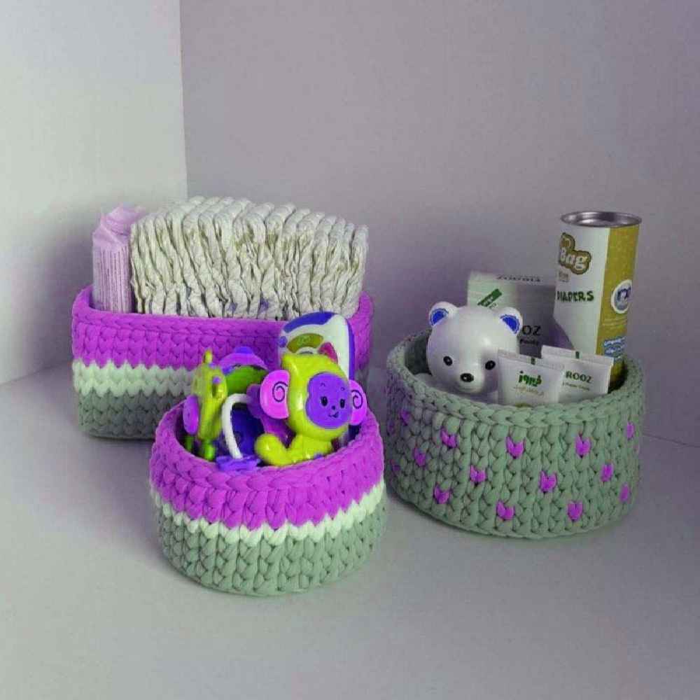 مجموعة من 3 سلال تخزين كروشيه خيوط موديل سنا