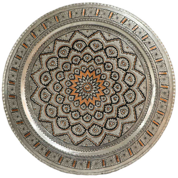 صينية نحاسية زخرفية محفورة يدويًا بخورشيدي إيراني تقليدي