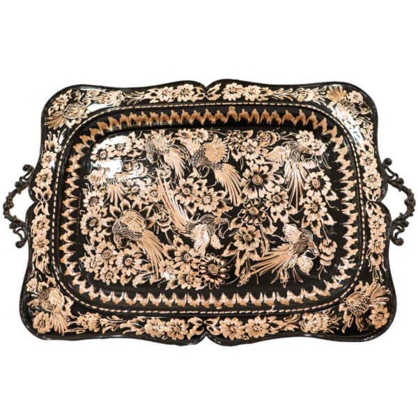 صينية نحاسية زخرفية محفورة يدويًا بشكل مستطيل إيراني تقليدي