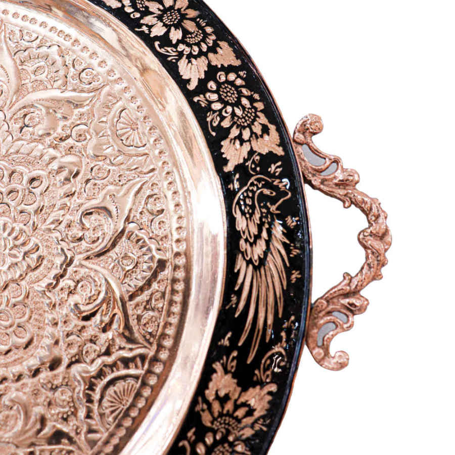 صينية نحاسية زخرفية محفورة يدويًا بشكل دائري إيراني تقليدي