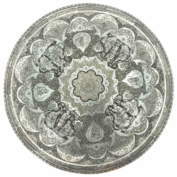 صينية نحاسية زخرفية محفورة يدويًا بتذهيب إيراني تقليدي