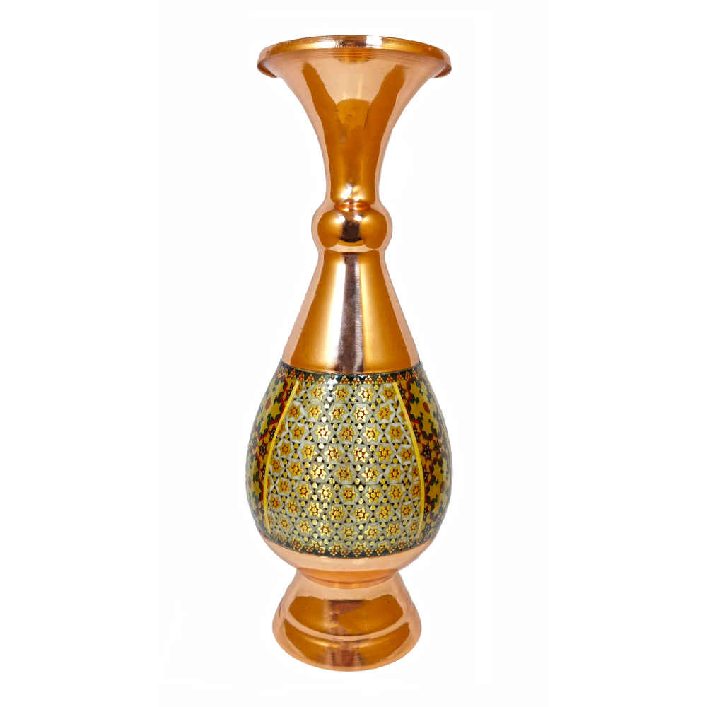 مزهرية نحاسية إيرانية زخرفية مصنوعة يدويًا بتقنية الخاتمكاري