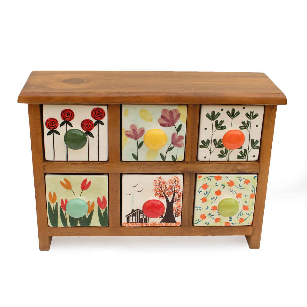 الصندوق اليدوي المصنوع من 6 أدراج سيراميكية مع صندوق خشبي