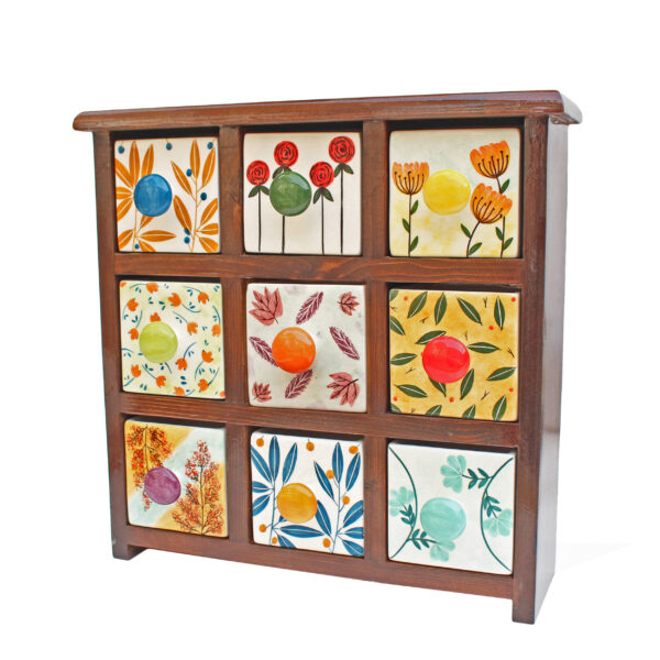 الصندوق اليدوي المصنوع من 9 أدراج سيراميكية مع صندوق خشبي