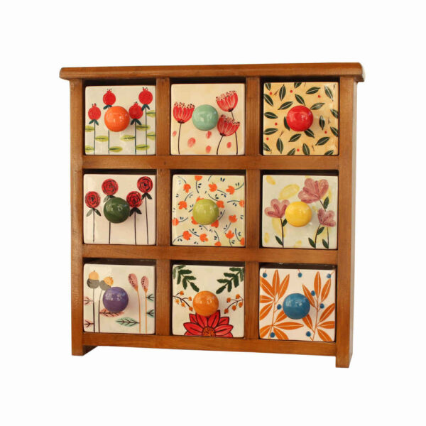 الصندوق اليدوي المصنوع من 9 أدراج سيراميكية مع صندوق خشبي - مزخرف بالأزهار