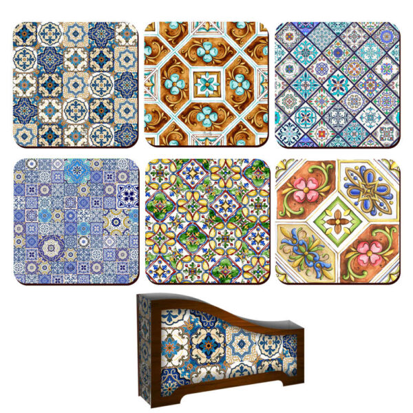 مجموعة كوسترات وحامل مع تصميم فني فارسي مستوحى من رحيل