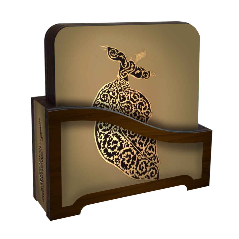 مجموعة كوسترات وحامل مع تصميم فني فارسي مستوحى من رقصة السماوية المستوحاة من الصوفية
