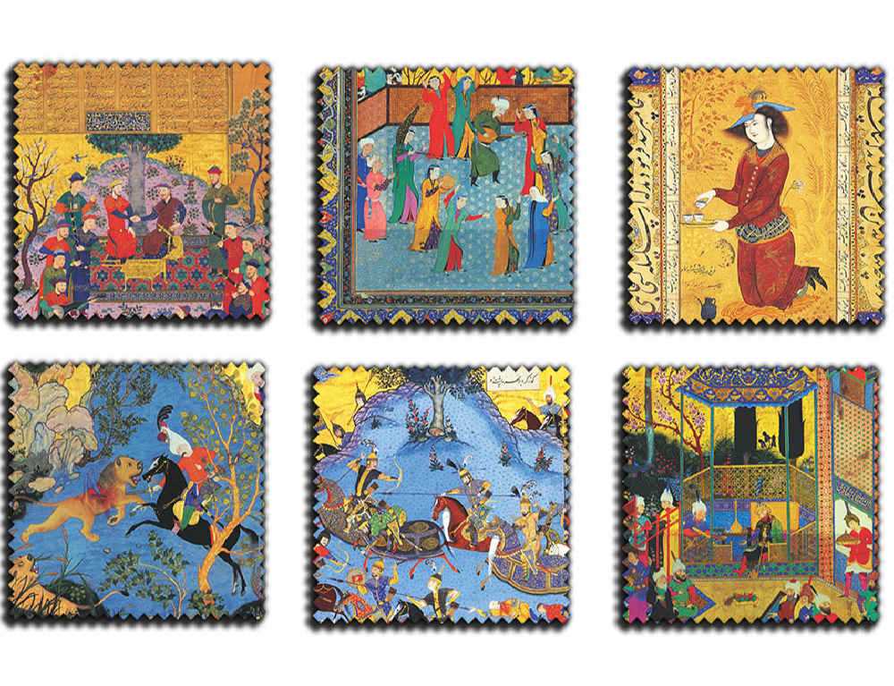 مجموعة كوسترات وحامل مع تصميم فني فارسي مستوحى من الطابع