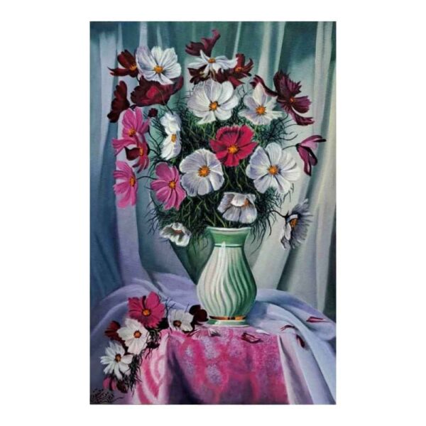 الرسم التصويري الزيتي الواقعي الأصلي على قماش - زهور في إناء بواسطة أحمد مطقدي