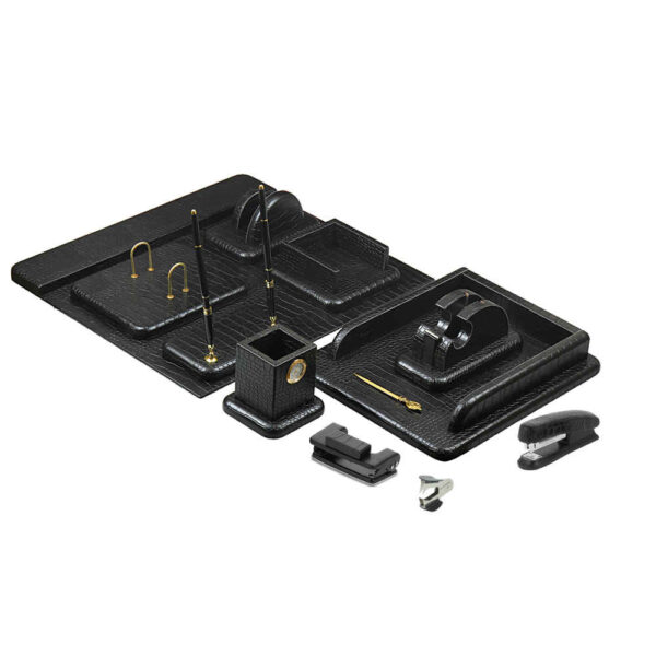 مجموعة منظمات مكتبية من الجلد الأسود - 14 قطعة