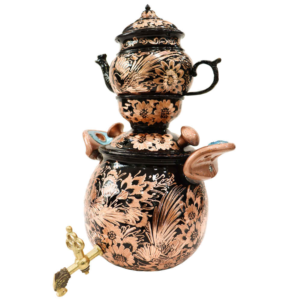 سماور إيراني نحاسي للموقد مزخرف لصنع الشاي مع إبريق محفور