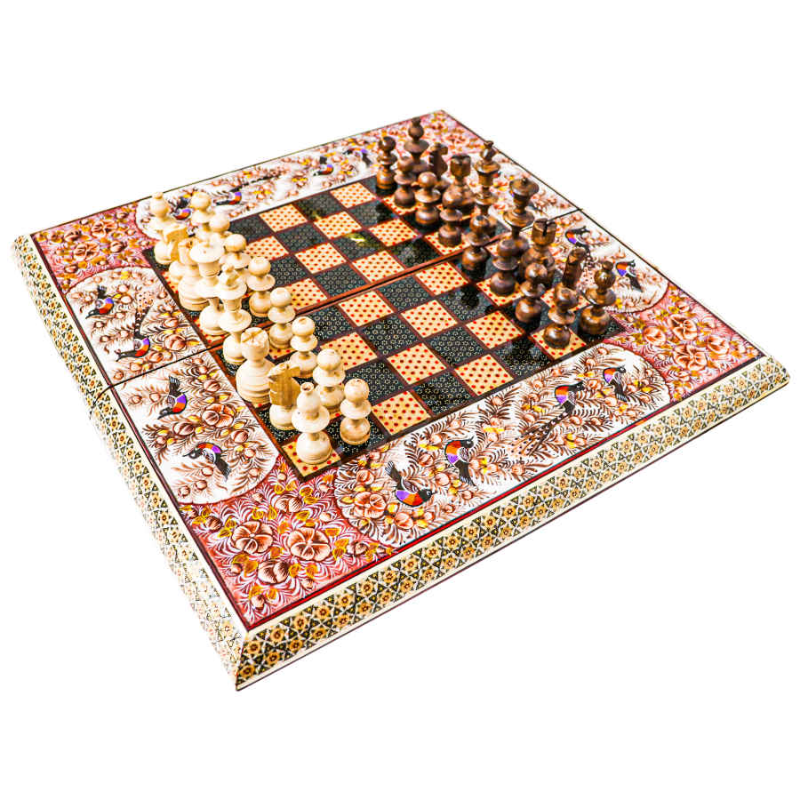 لوحة شطرنج إيرانية مرصعة بالخشب موديل طيور
