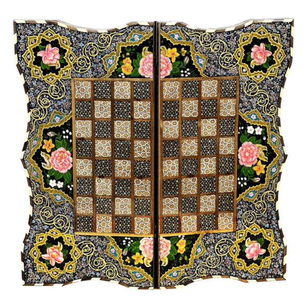 لوحة شطرنج إيرانية مرصعة بالخشب موديل زهرة