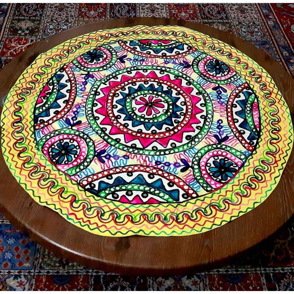 سجادة طاولة مطرزة دائرية يدويًا، طراز خورشيد