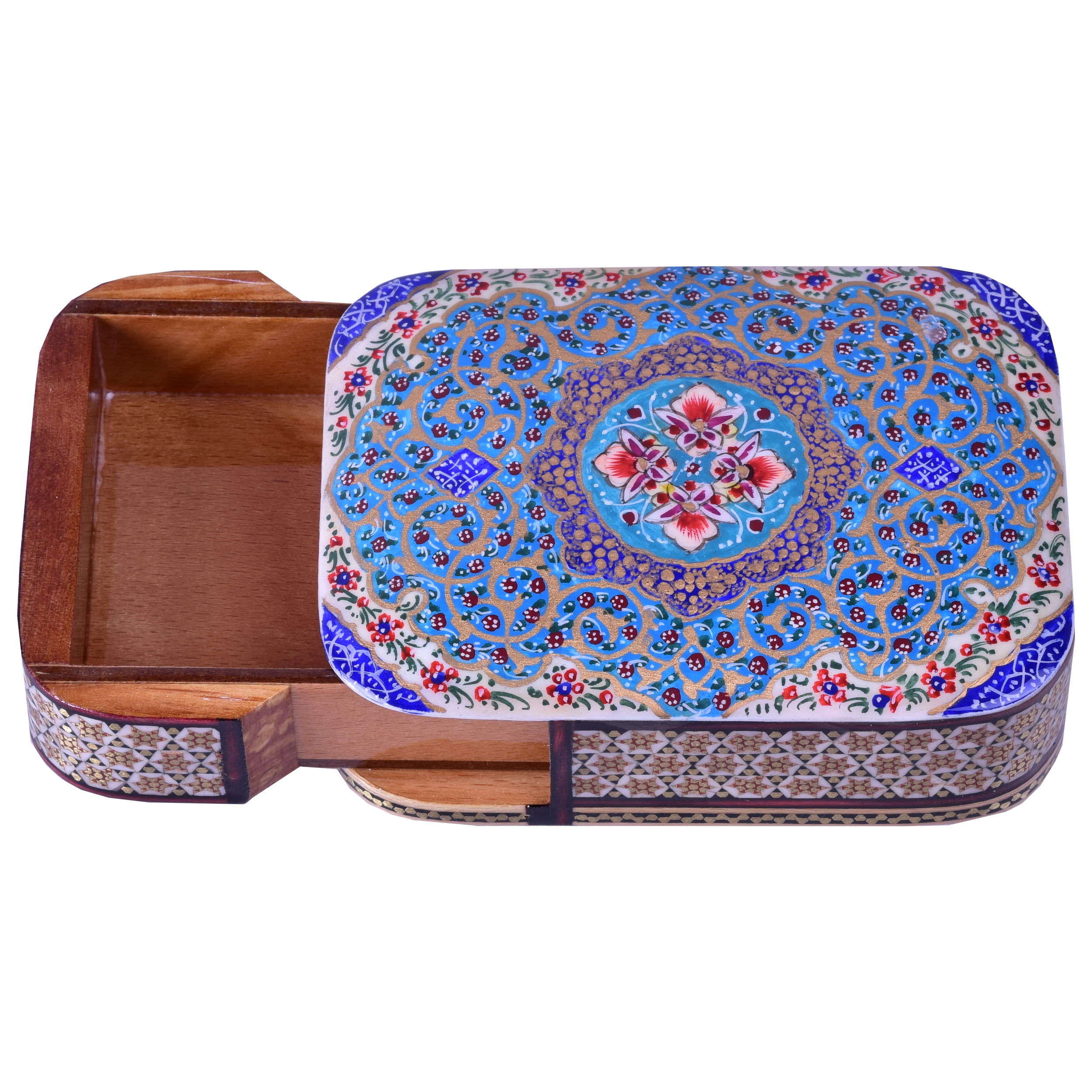 صندوق تخزين بطاقات اللعب الخشبي الإيراني – خاتم مزخرف بزهور