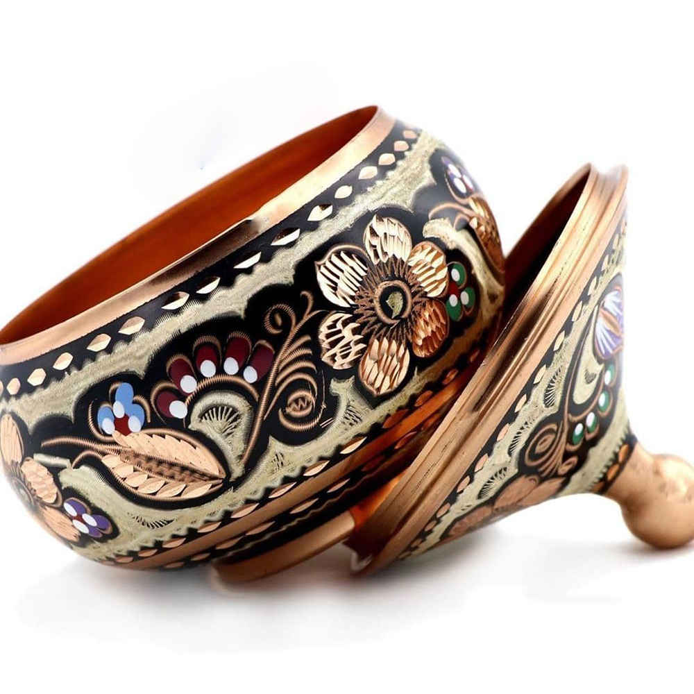 وعاء سكر إيراني نحاسي مصنوع يدويًا بغطاء – ميناكاري لانا