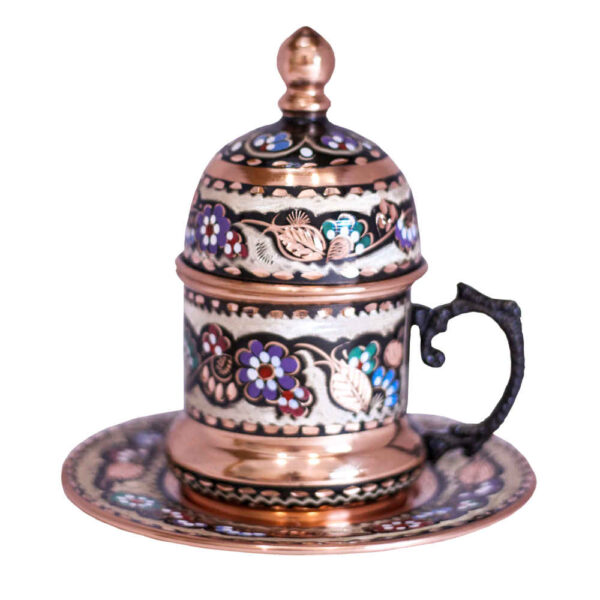 فنجان قهوة إيراني من النحاس بأسلوب الديميتاس/الاسبريسو - منقاري مدهب مع صحن