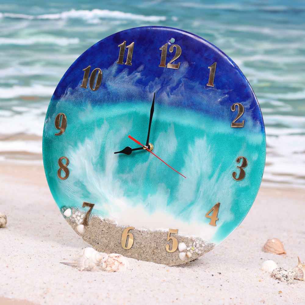 ساعة حائط مصنوعة يدويًا من الراتنج – نمط تجريدي ساحل