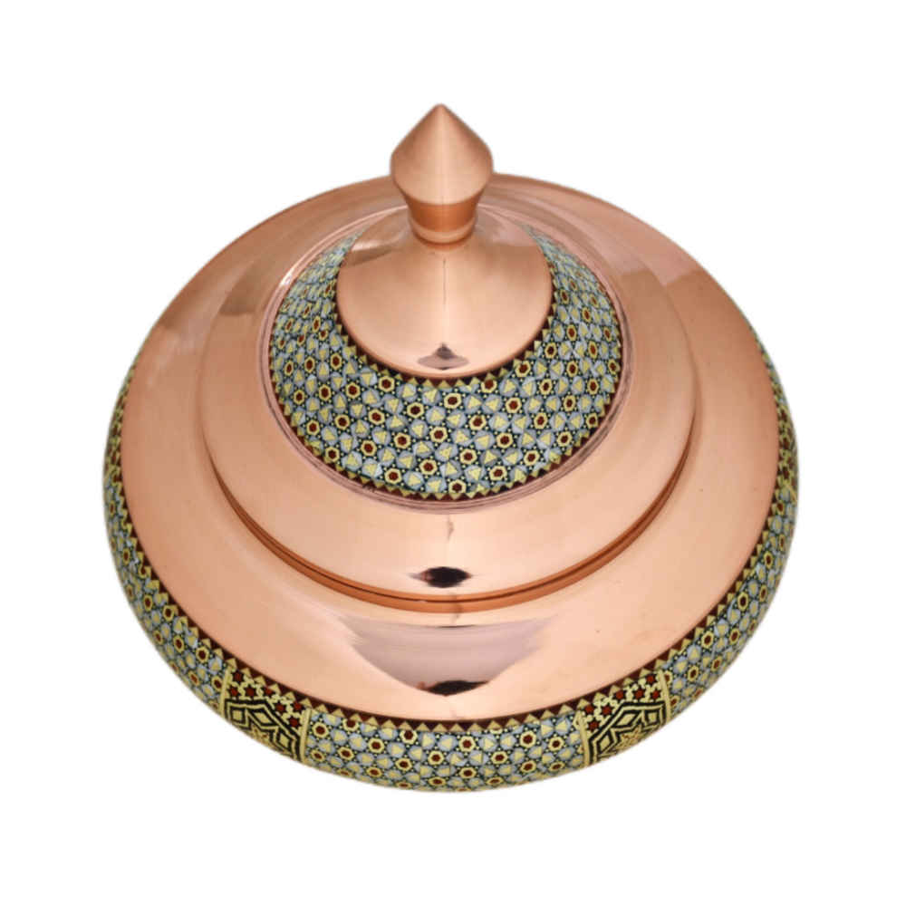 وعاء سكر إيراني نحاسي مزين بفن الخاتم مصنوع يدويًا – صفيني