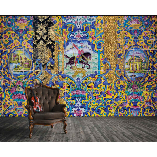 لوحة جدارية تقليدية زرقاء إيرانية نموذج حصان للمساحات العصرية