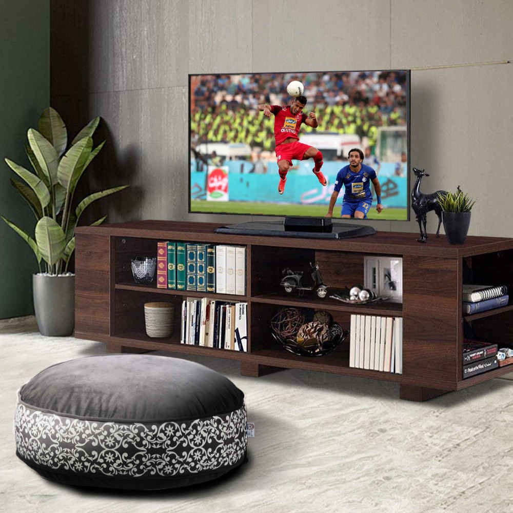 مقعد بوف مستدير كبير بأسلوب بوهيمي مصنوع من المخمل مستوحى من الفن الإيراني – رمادي ماليح