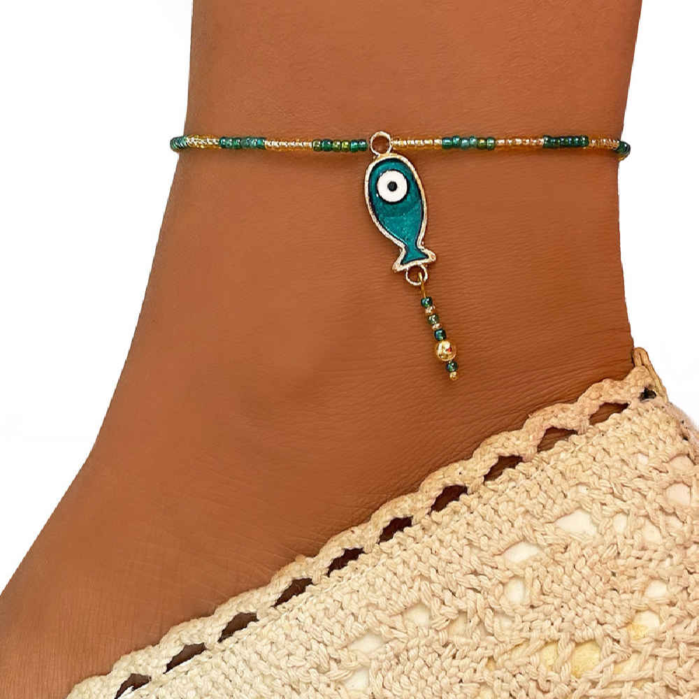 سوار كاحل فولاذي مزين بالخرز موديل سمك