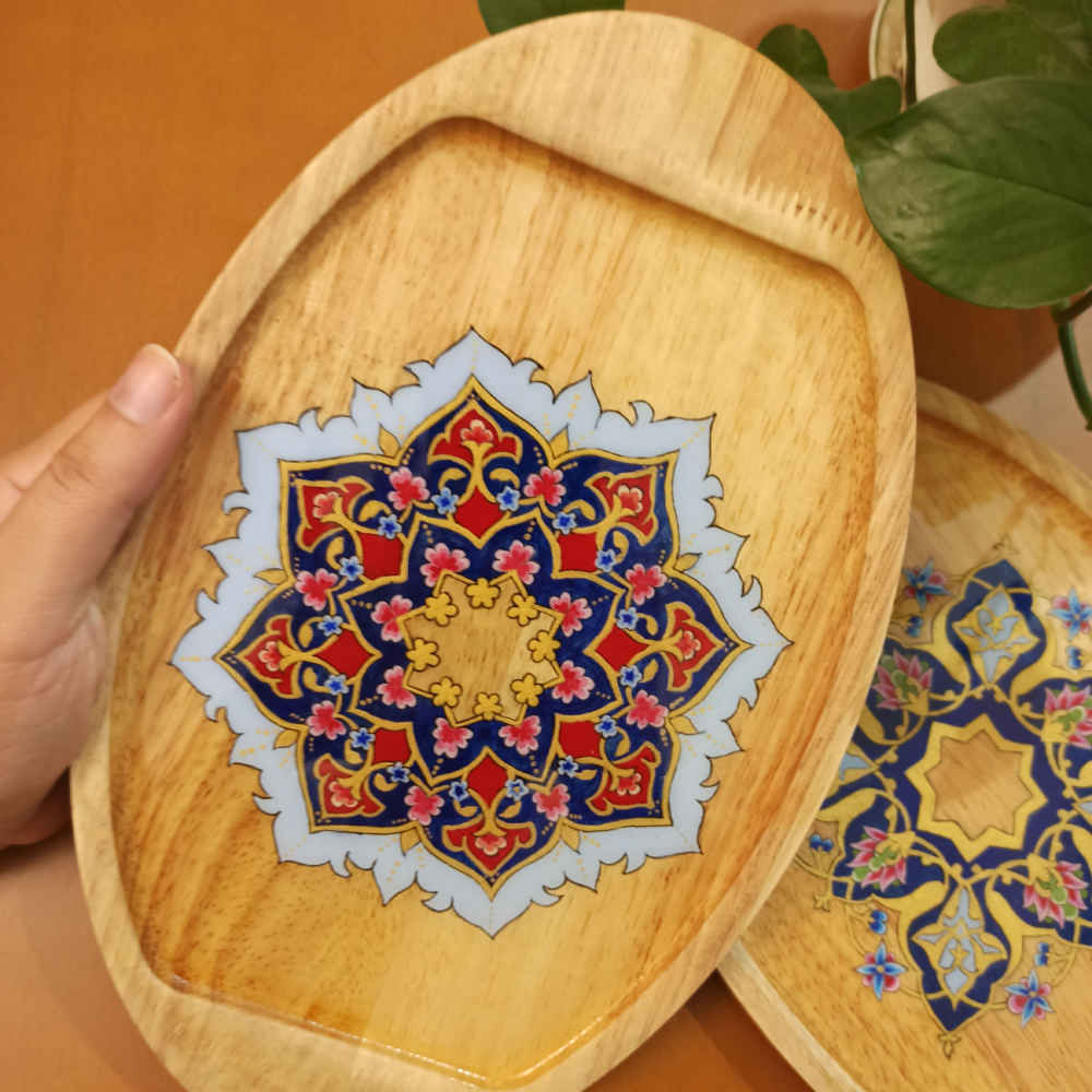 صينية تقديم شاي خشبية – تصميم تزهيب | مثالية للشاي، القهوة والوجبات الخفيفة