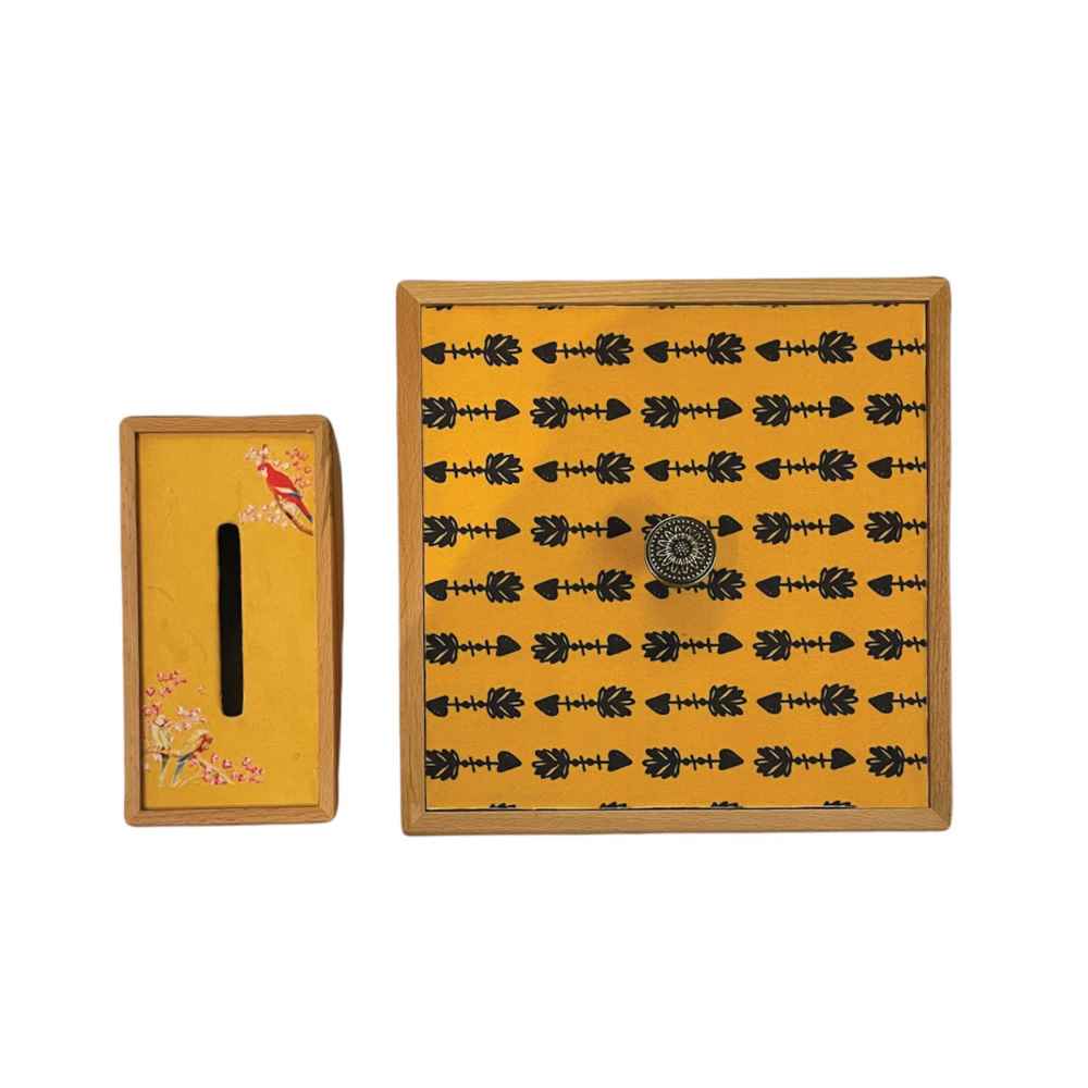 مجموعة سلة مهملات وصندوق مناديل خشبي إيراني – ببغاء