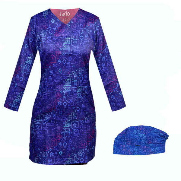 طقم بلوزة طبية نسائية زرقاء لطب البيطرة وقبعة – احترافية ومنسقة