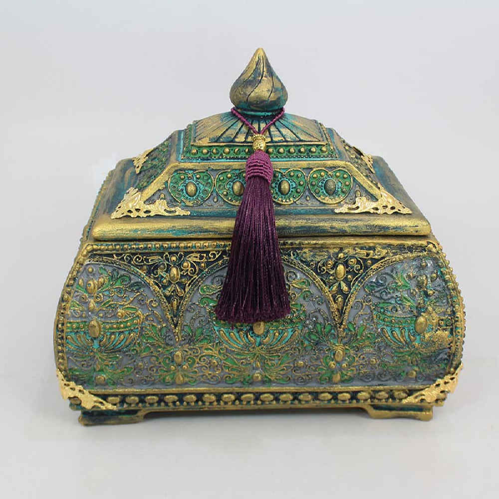 صندوق مجوهرات من البوليستر مصنوع يدويًا بأسلوب عتيق أخضر