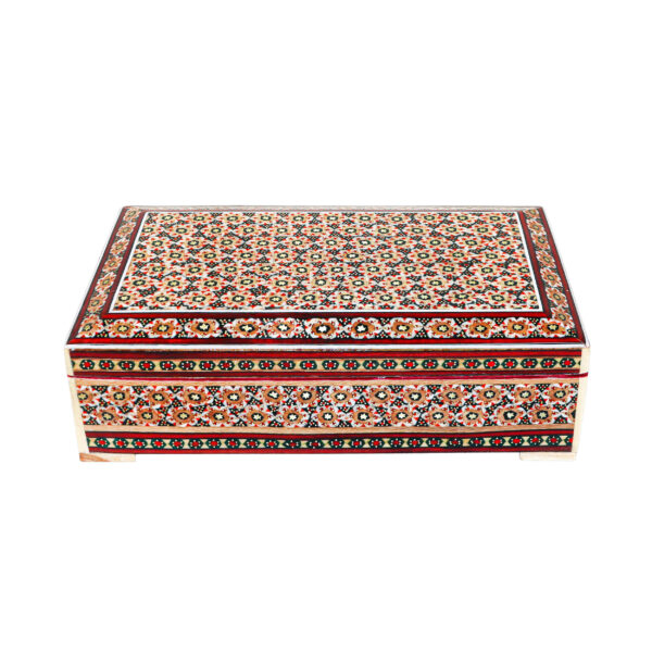 صندوق مجوهرات خشبي مصنوع يدويًا بتصميم ختام إيراني زخرفي