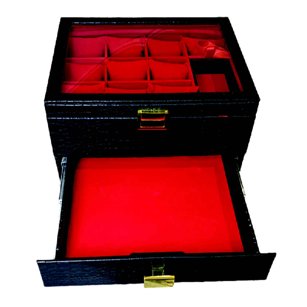 صندوق ساعات ومجوهرات بطبقتين مع جلد صناعي وبطانة من السويد