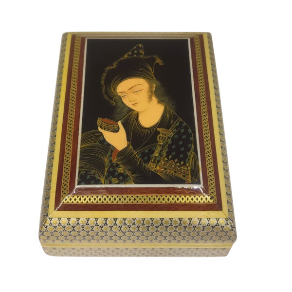 صندوق مجوهرات خشبي مصنوع يدويًا بتصميم ختام إيراني مصور