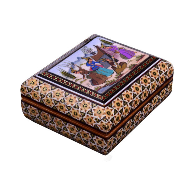 صندوق مجوهرات خشبي مصنوع يدويًا بتصميم ختام إيراني بنمط الأشخاص
