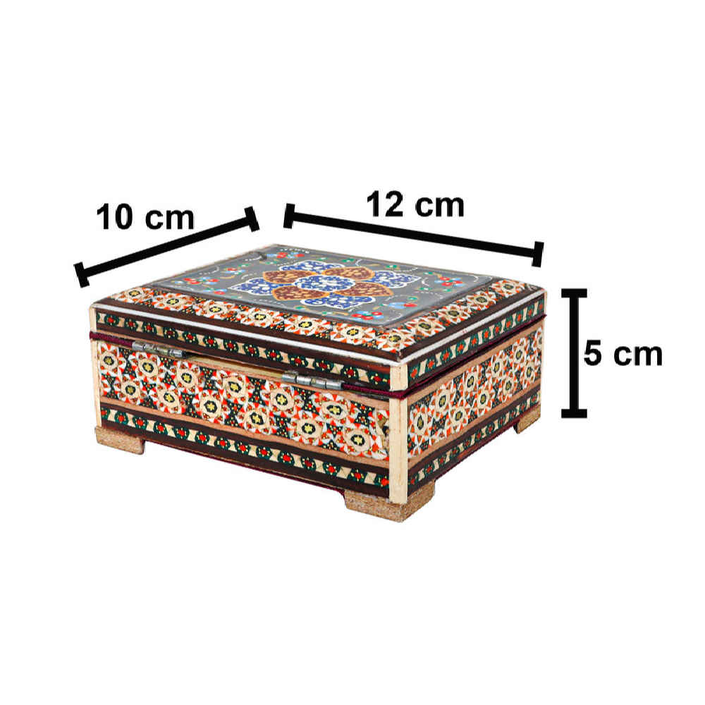 صندوق مجوهرات خشبي إيراني مصنوع يدويًا بتصميم ختام مزخرف بالأزهار